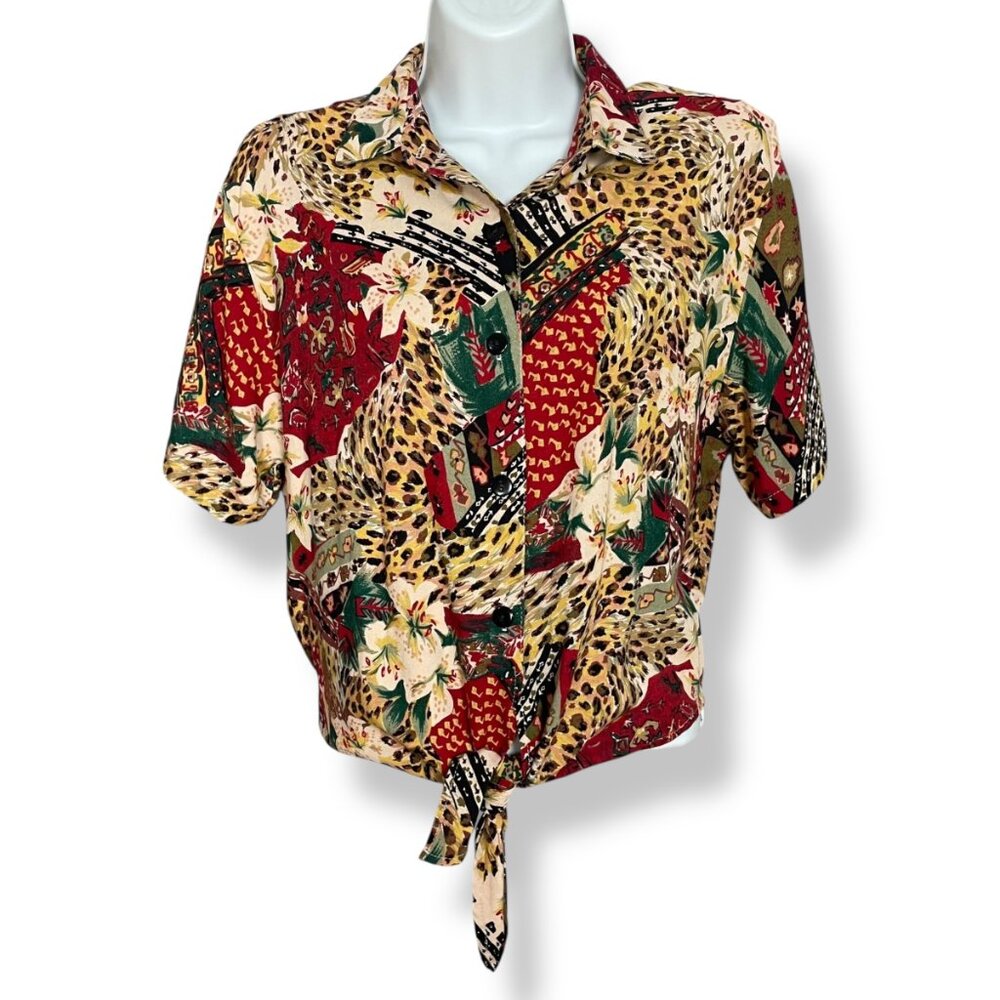 Vintage‎ Blouse Abstract Print Eclectic Women Cropped Southwestern Animal Print